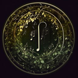 Craft a transparent, enhanced circular logo with an overlay, bordered by a unique pattern of vines composed of music notes, ensuring avoidance of repetition in image generation.