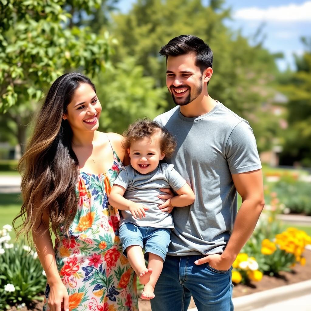 A beautiful woman and an attractive man standing together, sharing a joyful moment with a child who has Down syndrome
