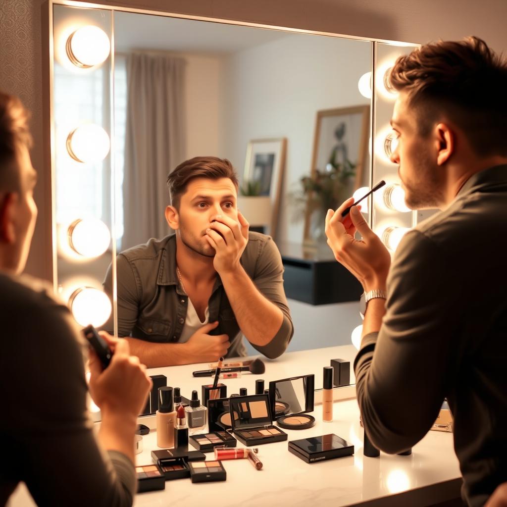 A man applying makeup in front of a large vanity mirror