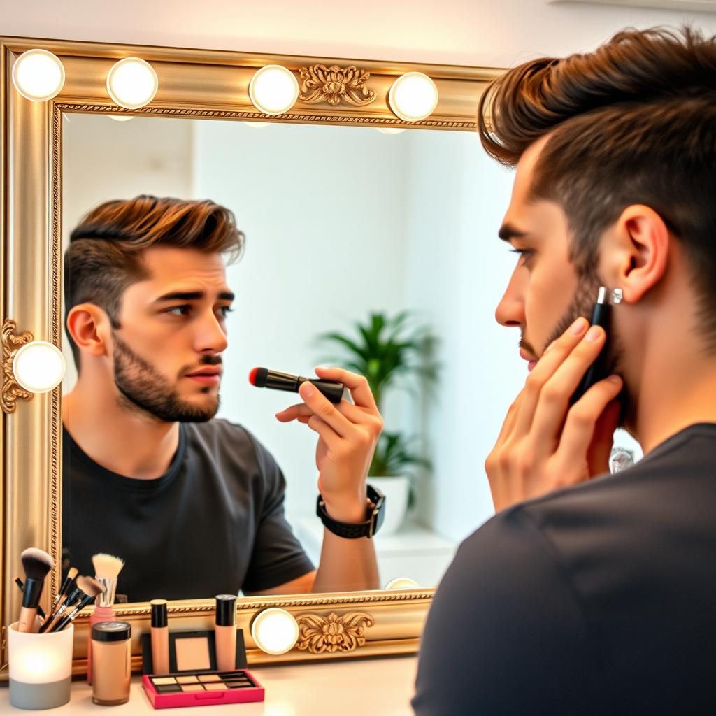A man applying makeup in front of a large, elegantly framed mirror