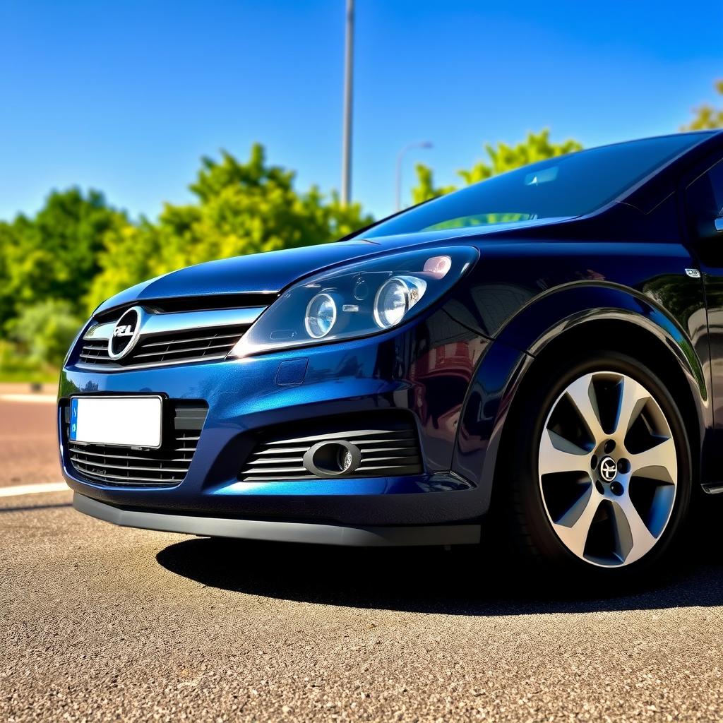 A sleek and modern Opel Astra H from the year 2005, showcasing its distinct design features such as the stylish front grille, aerodynamic body shape, and elegant headlights