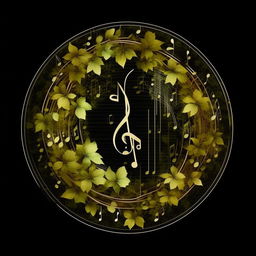 Craft a transparent, enhanced circular logo with an overlay, bordered by a unique pattern of vines composed of music notes, ensuring avoidance of repetition in image generation.