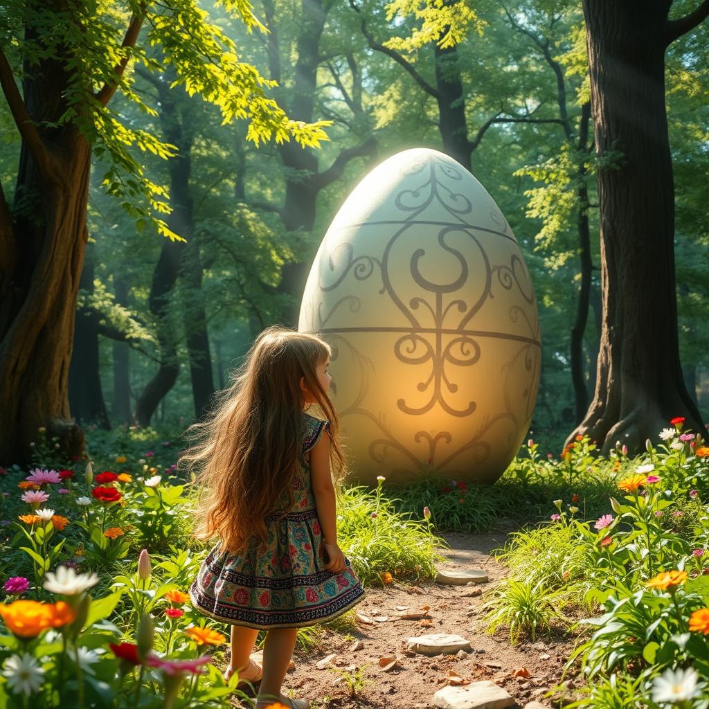 A giant egg in a magical forest setting, featuring a young girl with long flowing hair, wearing a colorful dress full of patterns