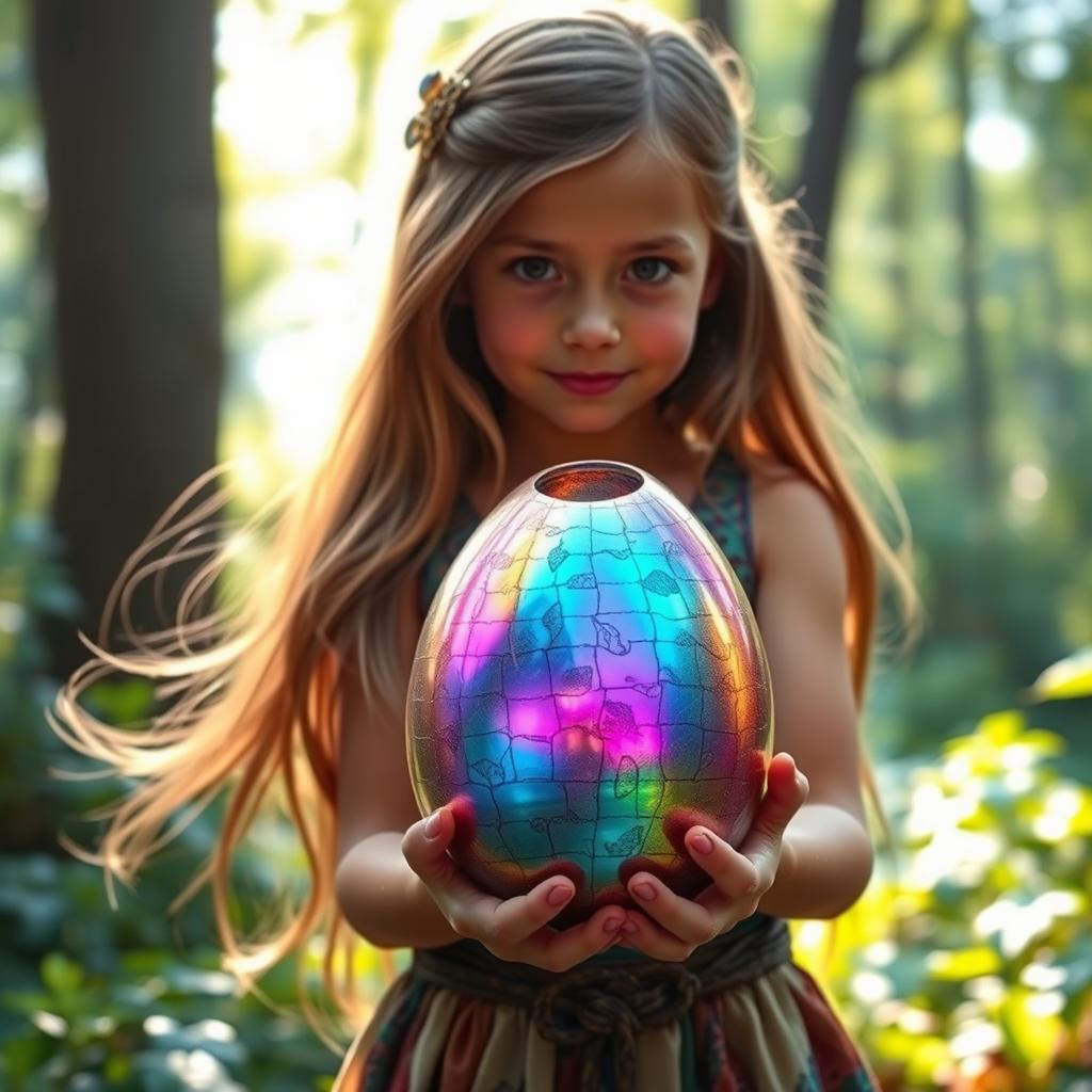 A young girl holding a beautiful iridescent dinosaur egg, vibrant colors reflecting in the light