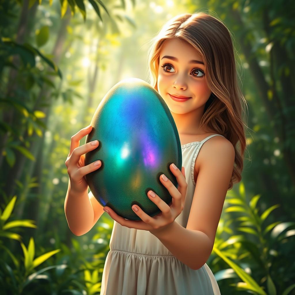 A teenage girl holding a beautiful dinosaur egg with iridescent colors, surrounded by a lush green forest