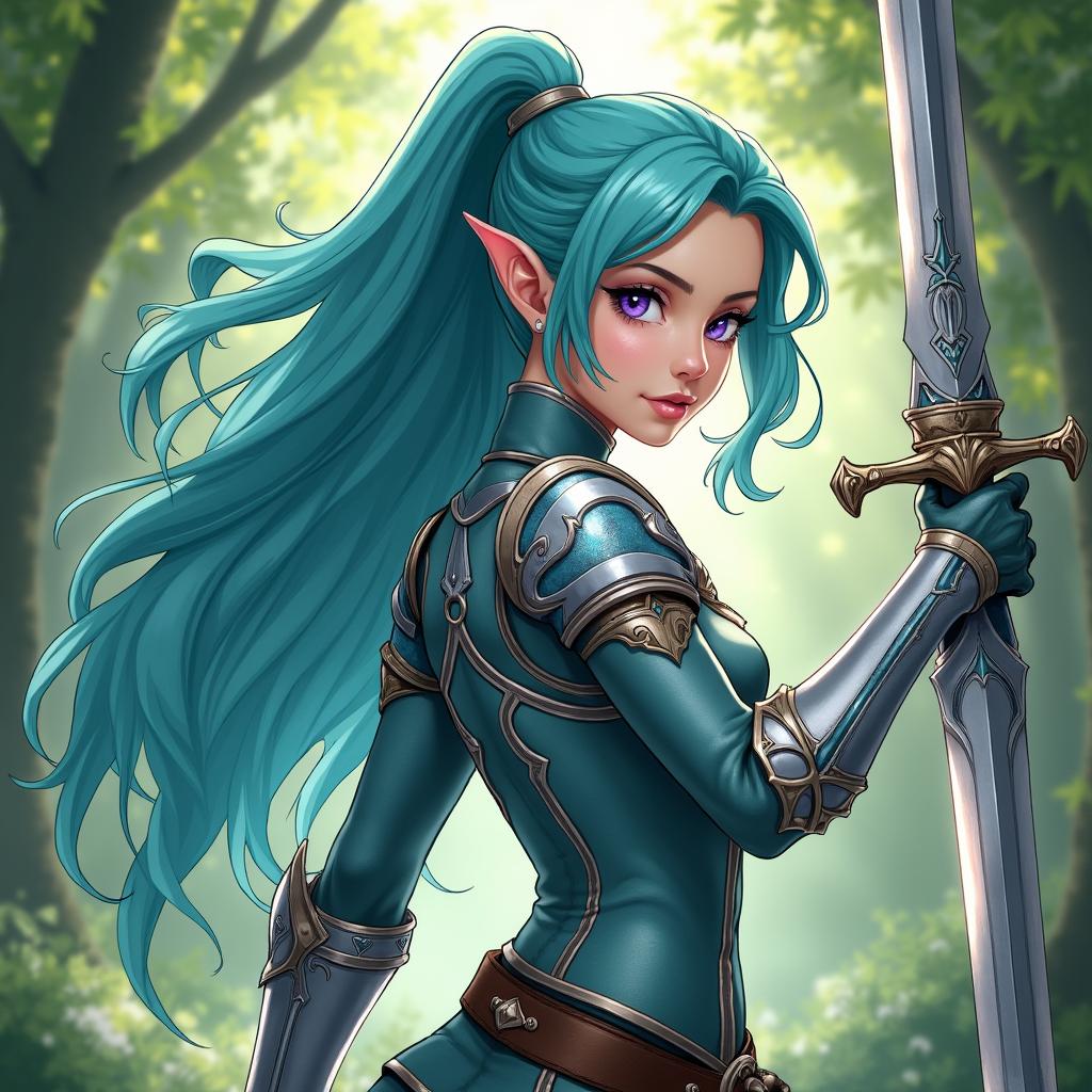 A striking female half-elf espadachim from Dungeons & Dragons, depicted in anime style