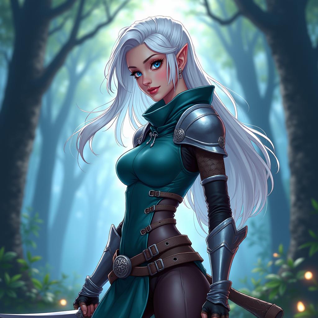 A stunning female half-elf rogue character from Dungeons & Dragons, illustrated in a vibrant anime style
