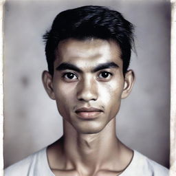 A 20-year-old Indonesian man with a slim face, large head, black hair, prominent nose, thick eyebrows, and curved eyelashes, possessing large eyes, without a mustache.