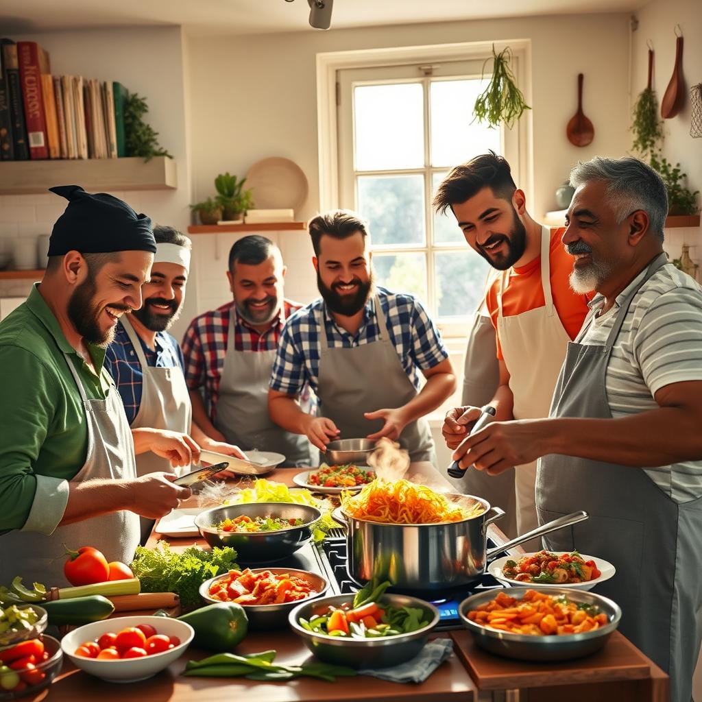 A vibrant kitchen scene depicting a group of diverse men joyfully cooking together
