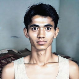 A 20-year-old Indonesian man with a slim face, large head, black hair, prominent nose, thick eyebrows, and curved eyelashes, possessing large eyes, without a mustache.