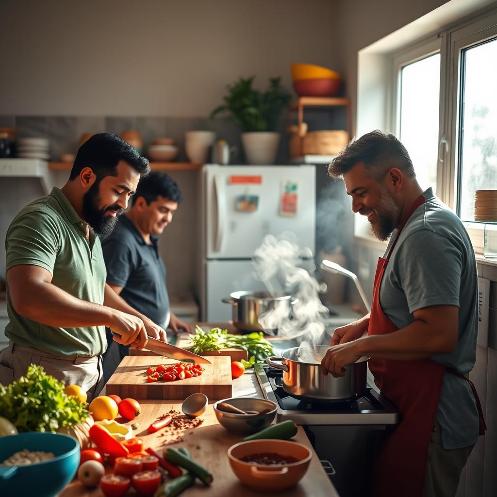 A vibrant kitchen scene featuring several men of diverse ethnic backgrounds engaged in cooking