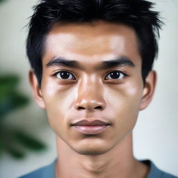 A 20-year-old Indonesian man with a slim face, large head, black hair, prominent nose, thick eyebrows, and curved eyelashes, possessing large eyes, without a mustache.