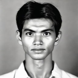 A 20-year-old Indonesian man with a slim face, large head, black hair, prominent nose, thick eyebrows, and curved eyelashes, possessing large eyes, without a mustache.