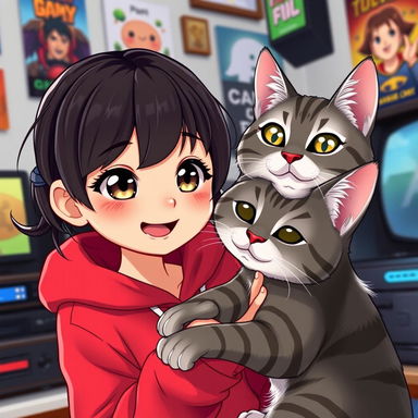 A cute animated gamer girl with dark hair, light brown skin, and dark brown eyes, wearing a cherry red hoodie