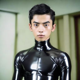 A 20-year-old Indonesian man with slim face, big head, black hair, sharp nose, thick eyebrows, curled eyelashes, and big eyes, clean-shaven, wearing a latex catsuit.