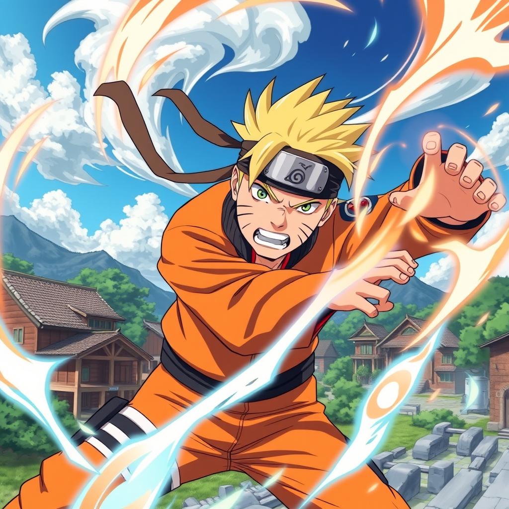 A dynamic and colorful scene depicting Naruto Uzumaki, the determined ninja from the popular anime, in his iconic orange jumpsuit and headband