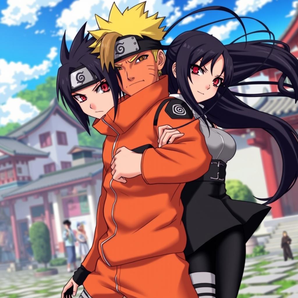 A dynamic scene featuring Naruto Uzumaki, the iconic ninja from the popular anime, alongside a mysterious girl with long black hair and striking red eyes