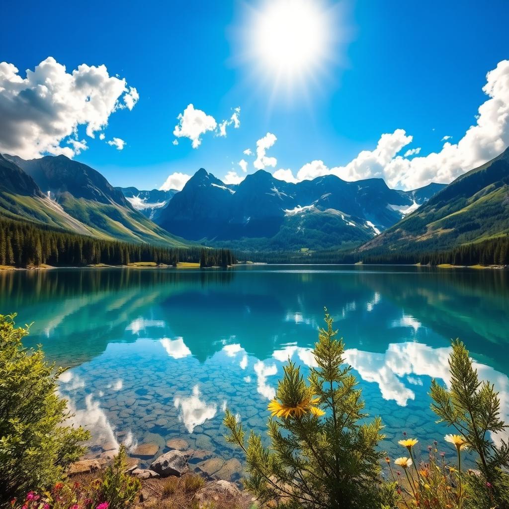A crystal clear photograph of a natural landscape featuring a serene lake surrounded by majestic mountains under a bright blue sky