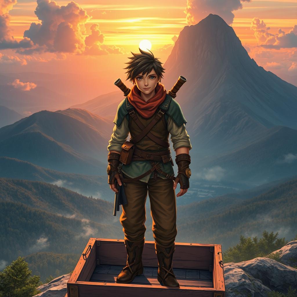 A dynamic RPG character featuring worn-out pieces of armor layered over casual clothing, set atop a majestic, colossal mountain