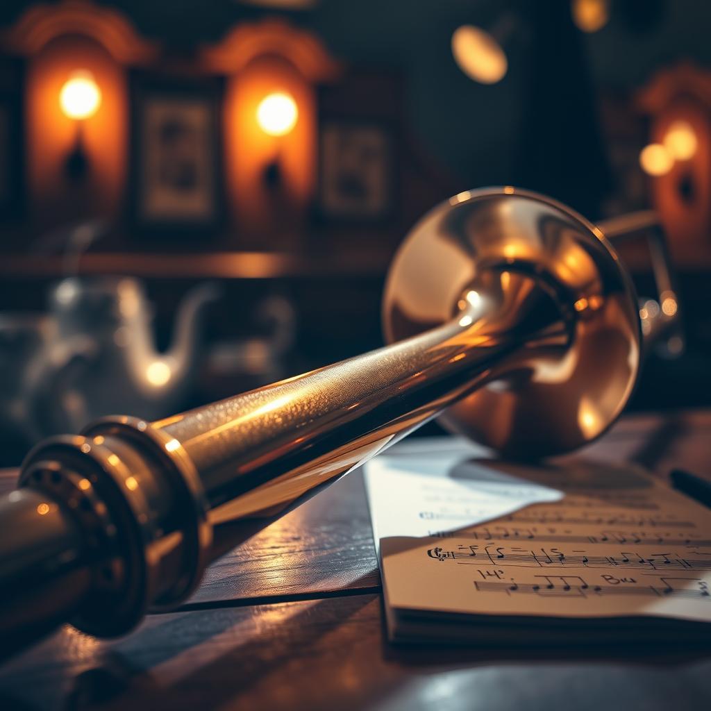 A close-up view of a beautifully polished brass trombone resting on a wooden stage, illuminated by warm spotlighting