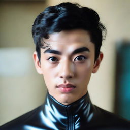 A 20-year-old Indonesian man with slim face, big head, black hair, sharp nose, thick eyebrows, curled eyelashes, and big eyes, clean-shaven, wearing a latex catsuit.