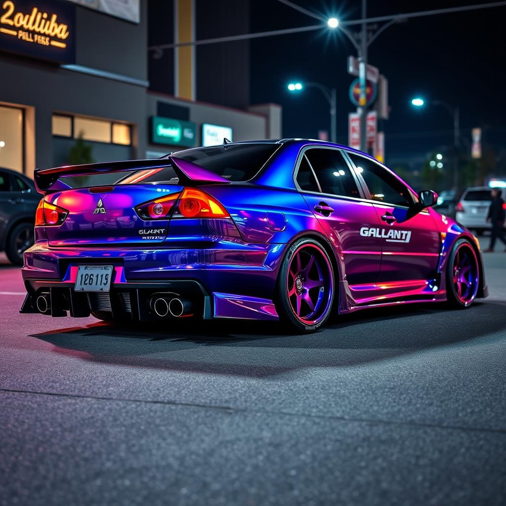 A modified version of the 7th generation Mitsubishi Galant, showcasing a sleek and aggressive body kit, stunning custom paint job with a vibrant metallic finish, and lowered suspension for a sporty stance
