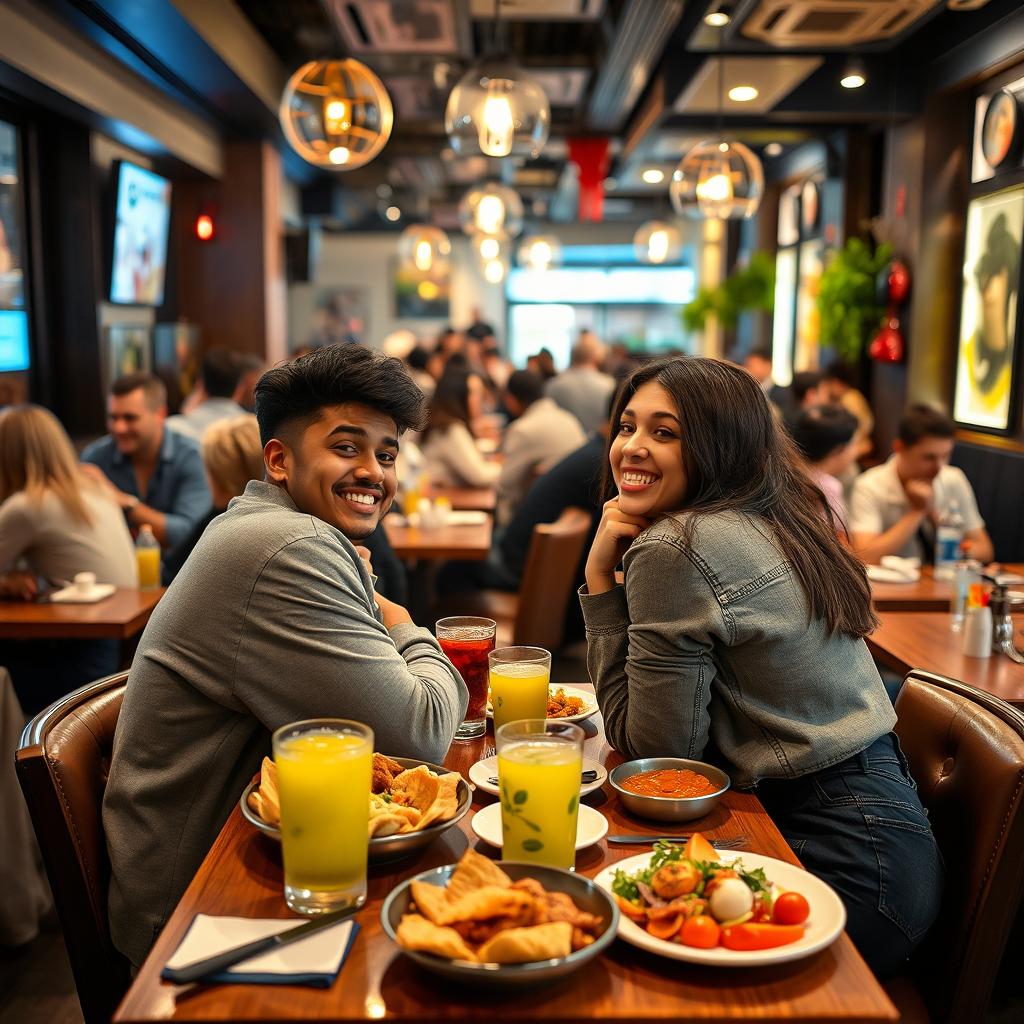 A vibrant restaurant scene in Sarajevo, filled with youthful energy and a warm, inviting atmosphere