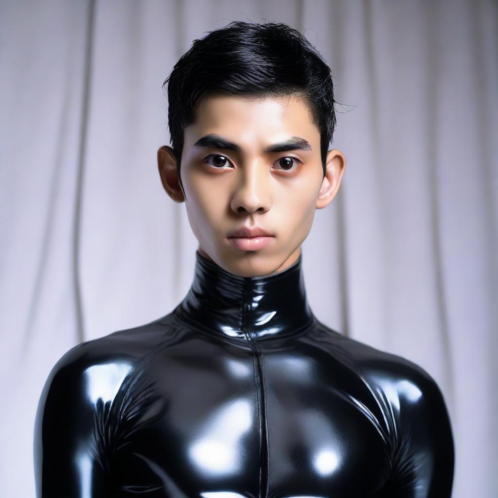 A 20-year-old Indonesian man with slim face, big head, black hair, sharp nose, thick eyebrows, curled eyelashes, and big eyes, clean-shaven, wearing a latex catsuit.