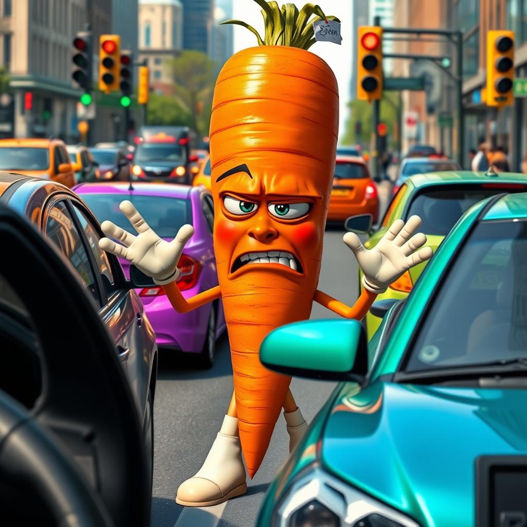 A realistic carrot character, anthropomorphized with human-like hands and legs, expressing frustration while being stuck in traffic