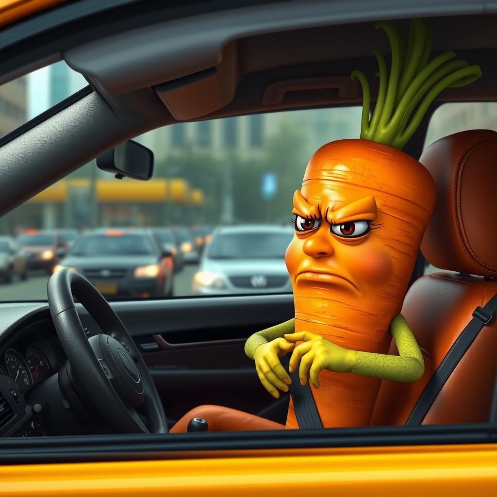 A realistic carrot character, anthropomorphized with human-like hands and legs, sitting inside a car stuck in traffic