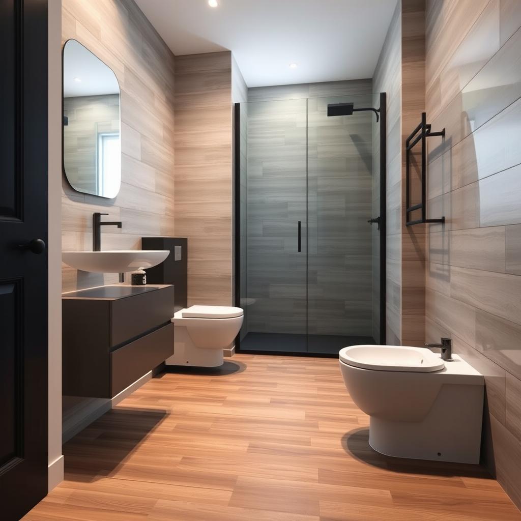 A beautifully designed bathroom featuring a wood-style ceramic tile floor