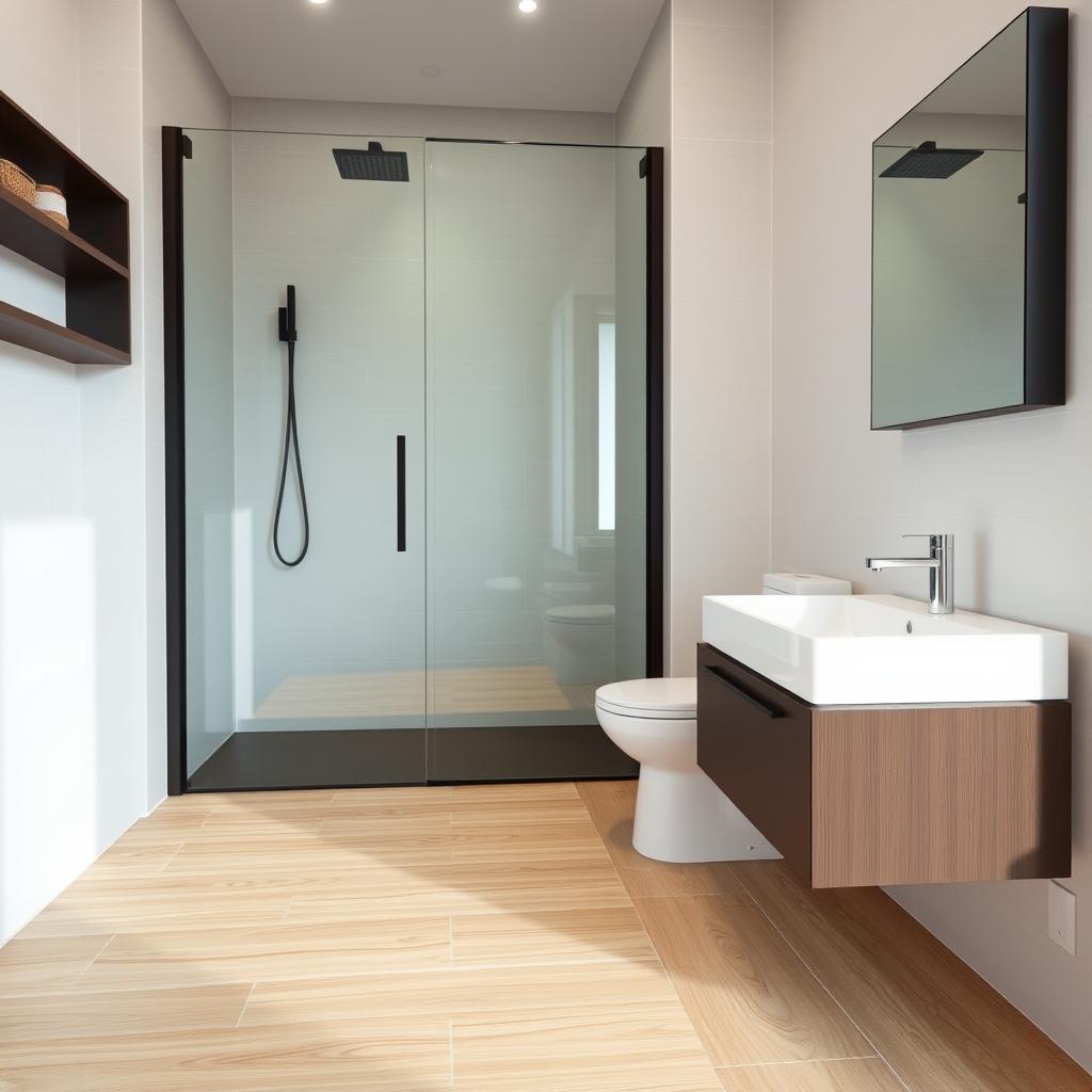 A modern bathroom featuring a wooden-style ceramic floor elegantly combining functionality and aesthetics