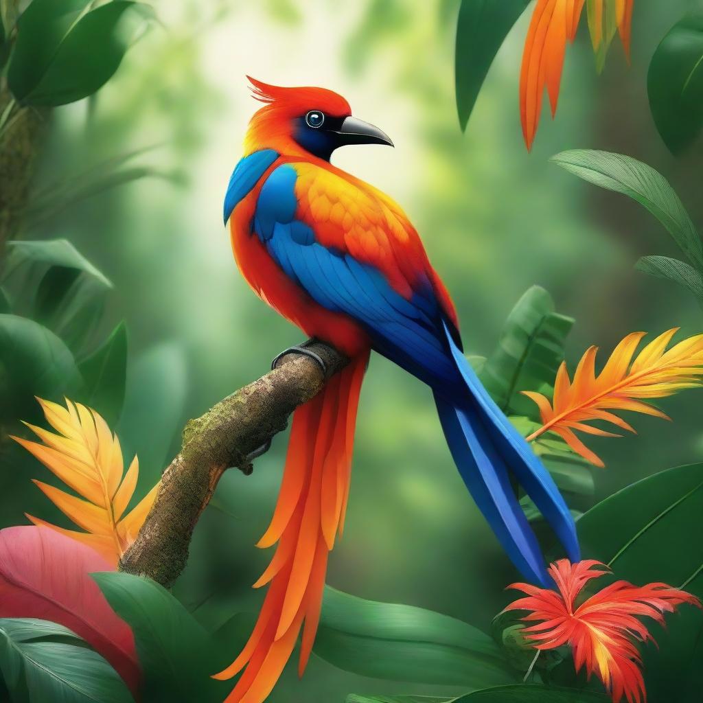 A magical bird with a fiery tail, in the lush setting of a tropical jungle