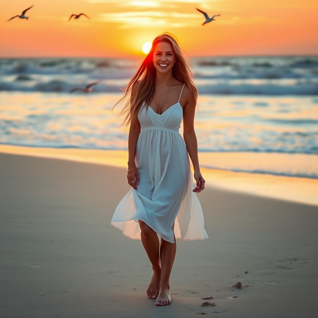 A beautiful woman standing barefoot on a sandy beach during sunset, with the warm golden light illuminating her skin