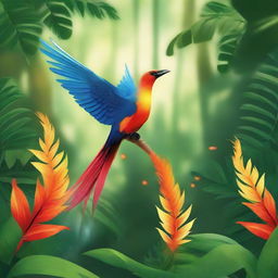 A magical bird with a fiery tail, in the lush setting of a tropical jungle