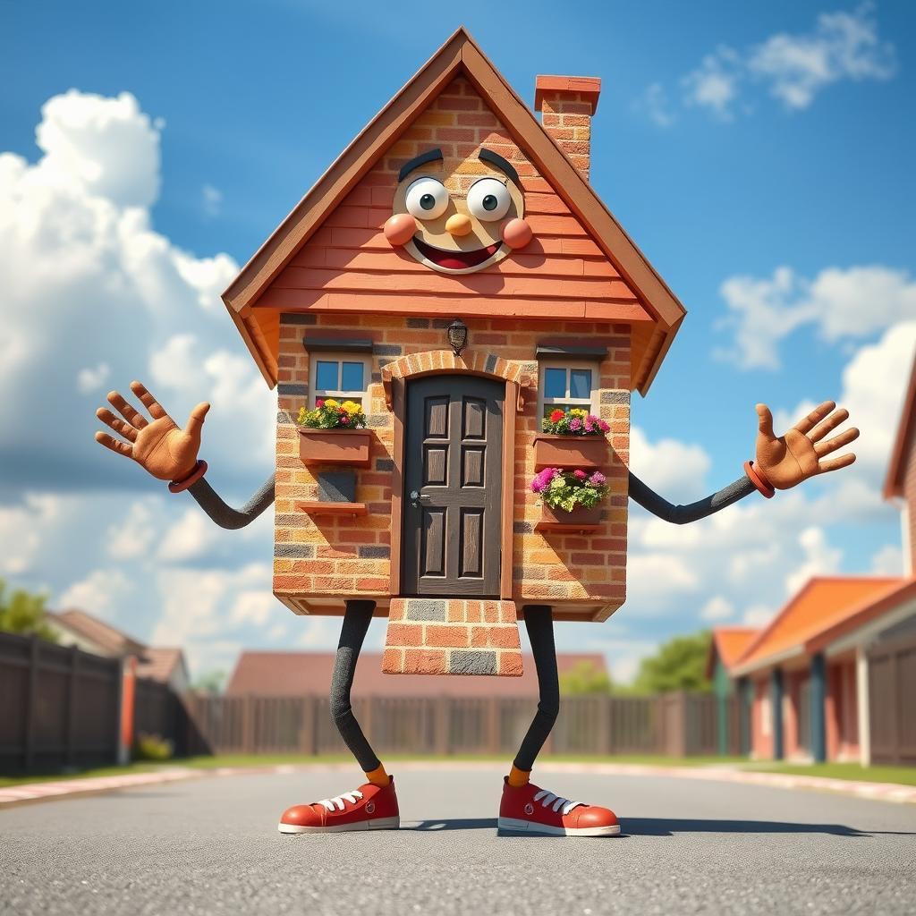 A whimsical house brought to life, standing on strong, sturdy legs that give it a playful stance