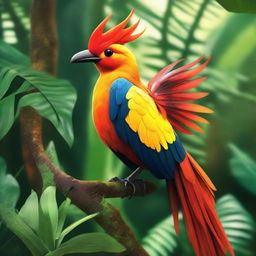 A magical bird with a fiery tail, in the lush setting of a tropical jungle