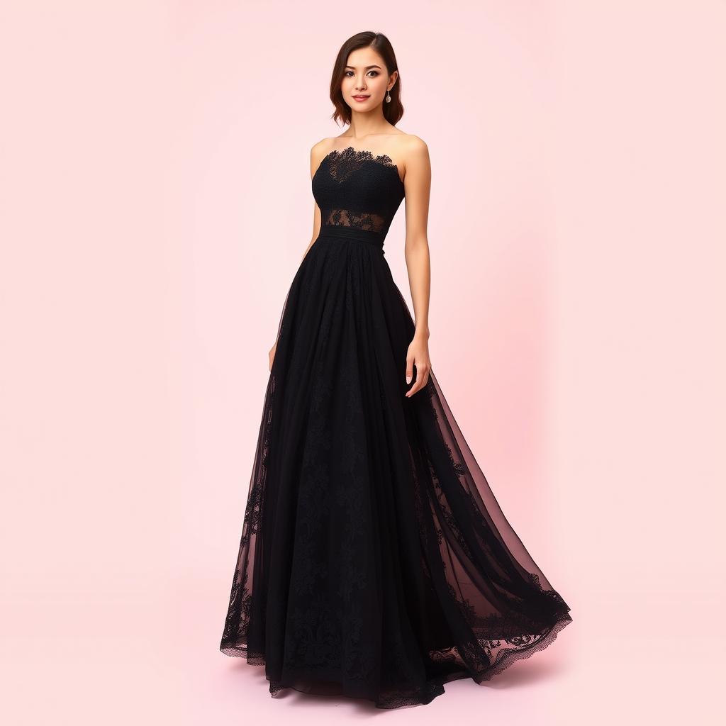 A long, strapless black lace dress with a light pink background