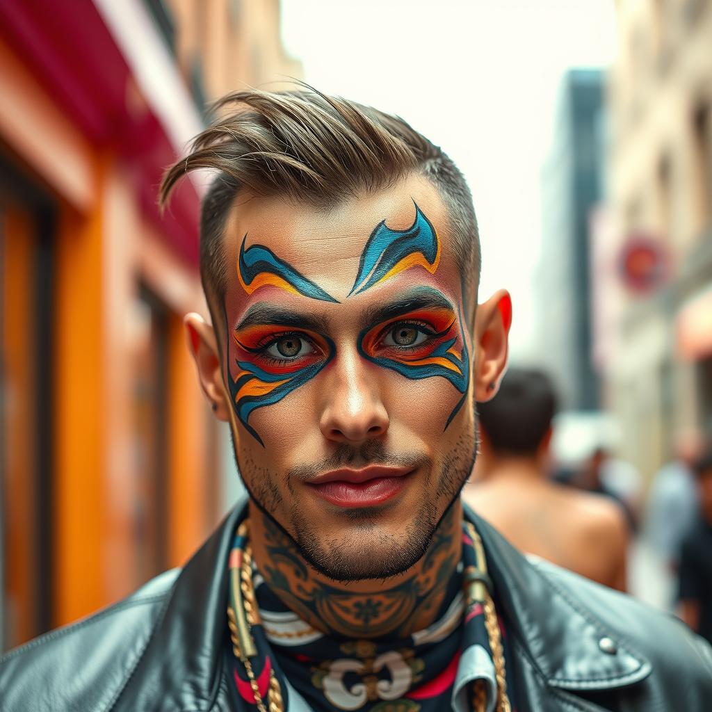 A man with a beautifully and artistically made-up face, showcasing vibrant colors and intricate patterns