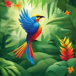 A magical bird with a fiery tail, in the lush setting of a tropical jungle