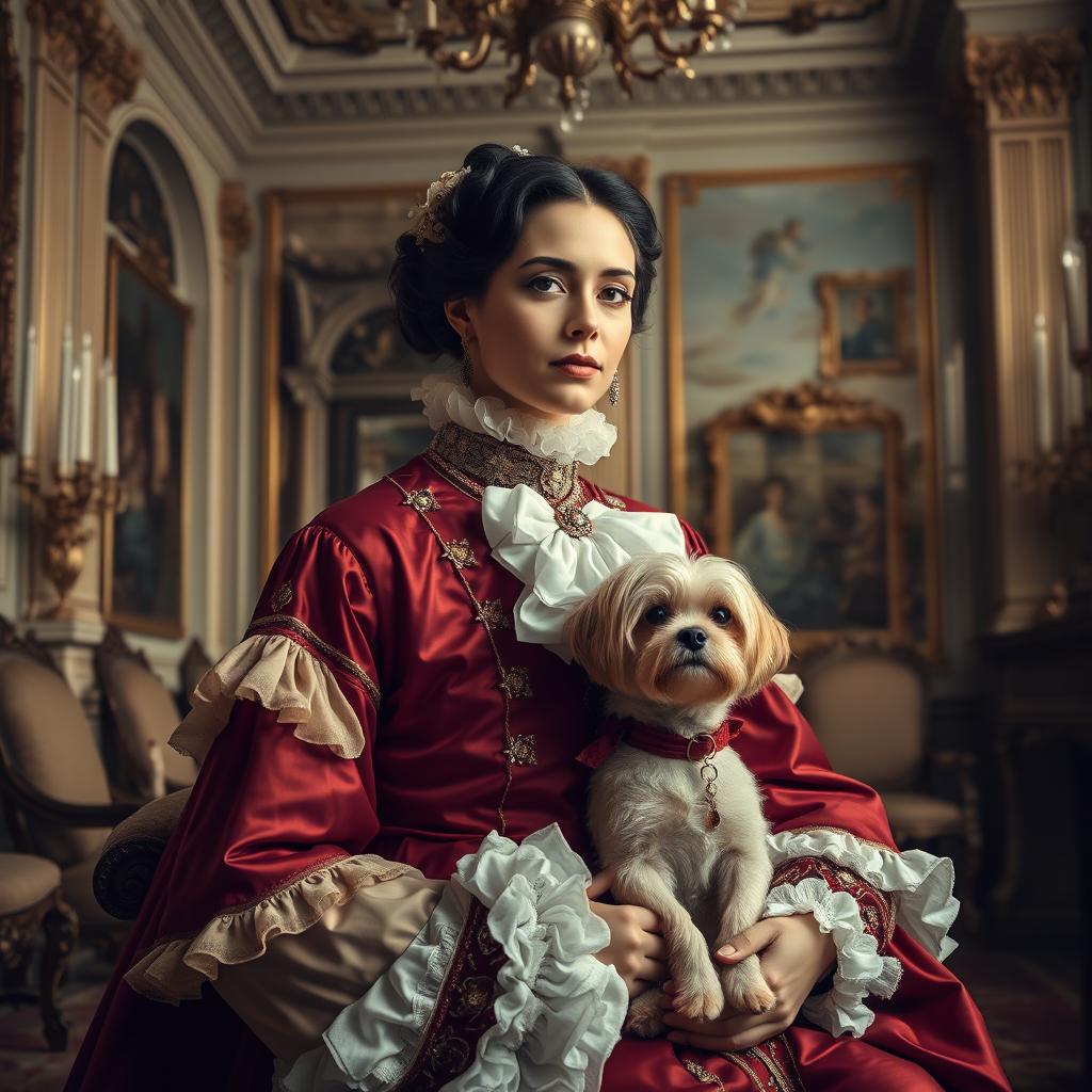 A classic baroque style scene depicting a person in elegant and ornate classical attire