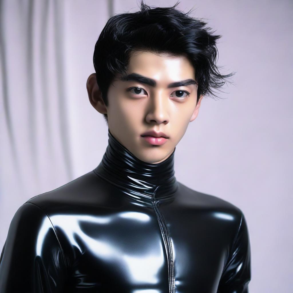 A 20-year-old Indonesian man with slim face, big head, black hair, sharp nose, thick eyebrows, curled eyelashes, big eyes, clean-shaven, wearing a full body latex catsuit.