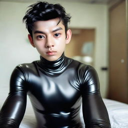 A 20-year-old Indonesian man with slim face, big head, black hair, sharp nose, thick eyebrows, curled eyelashes, big eyes, clean-shaven, wearing a full body latex catsuit.