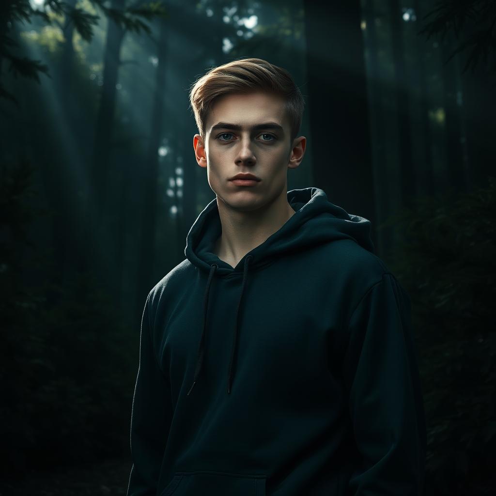 A hyper-realistic image of an athletic white male teenager wearing a hooded sweatshirt, standing in a dense and shadowy forest