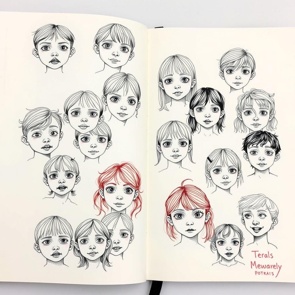 A sketchbook filled with hand-drawn portraits in black and crimson ink