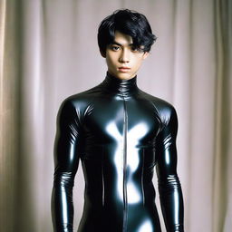 A 20-year-old Indonesian man with slim face, big head, black hair, sharp nose, thick eyebrows, curled eyelashes, big eyes, clean-shaven, wearing a full body latex catsuit.