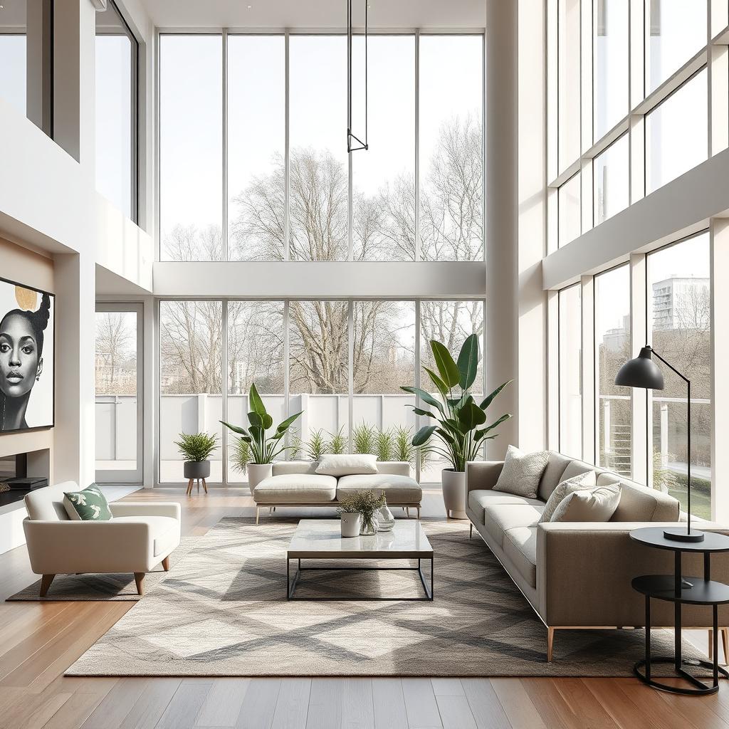 A contemporary interior design for a spacious room, featuring sleek furniture with minimalist lines, large windows allowing ample natural light, and a neutral color palette accented with bold artwork