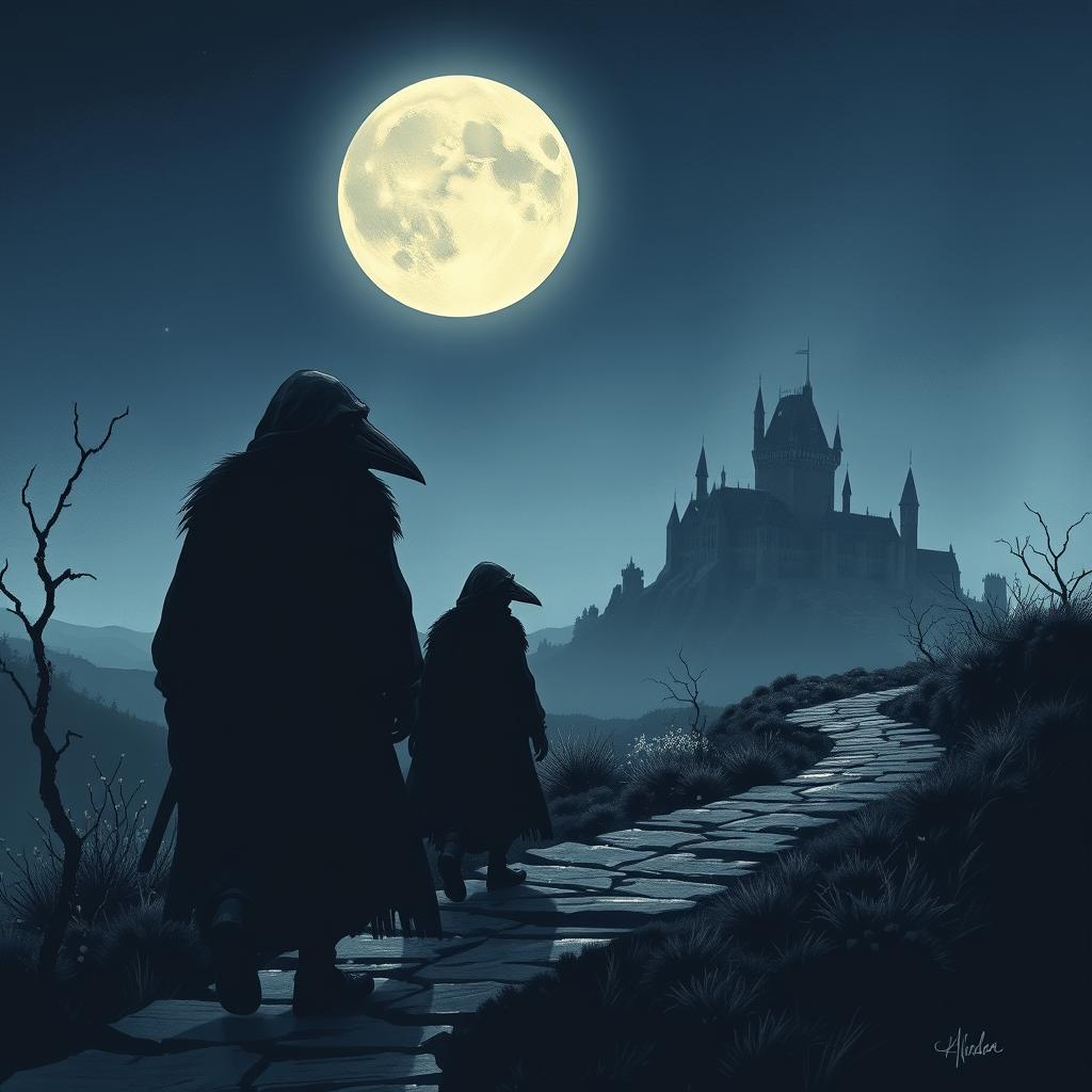 A medieval Dungeons & Dragons inspired illustration featuring three figures walking along a winding path, each wearing a raven mask reminiscent of the plague doctors from the medieval era