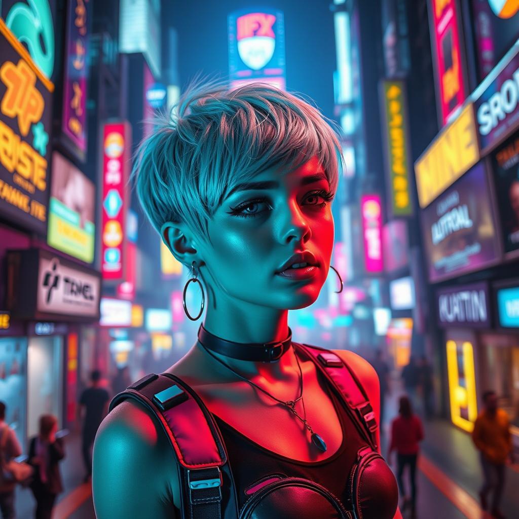 A girl in a vibrant cyberpunk urban environment, showcasing her striking aqua short pixie haircut