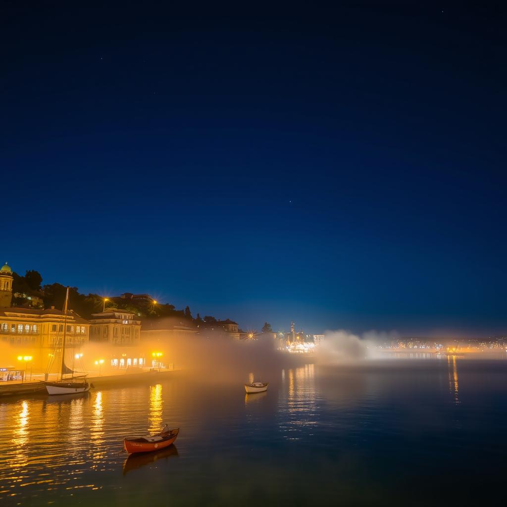 A stunning night scene featuring a beautifully lit cityscape with twinkling lights reflecting off the water